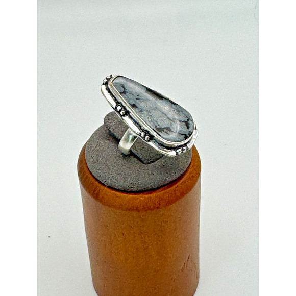Snowflake Obsidian Stone Estate Ring .925 Stone Sz 6 - 5.45 Grams - 1" - Picture 1 of 4